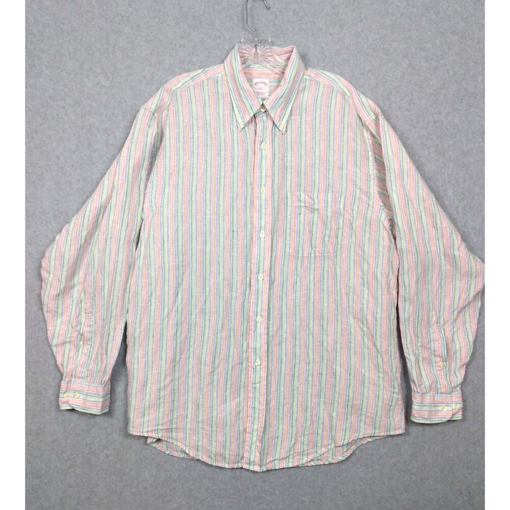 Brooks Brothers 346 Shirt Mens Large Multicolor Striped Linen Button Up Summer